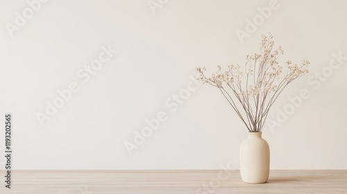 Dried flowers in beige vase on light wood table against a neutral wall.