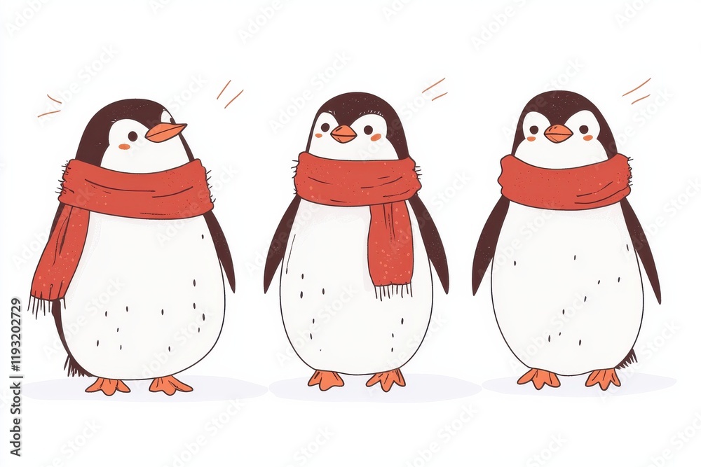 Fototapeta premium Adorable penguin clipart with scarf in arctic flat design scene
