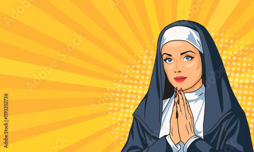 Young woman nun in pop art style prays. On a yellow background. Pop art vector comic style