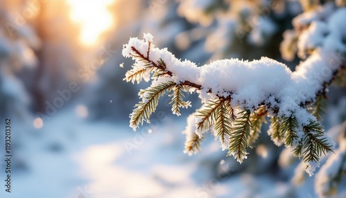 Sunlit snow-covered pine branch in winter forest at sunset