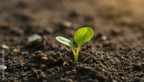 A green sprout bursting out of the dry earth, mindfulness theme, with white tones