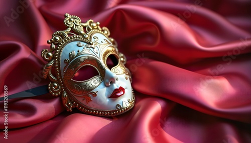 Ornate carnival mask with golden details on red satin, symbolizing mystery and elegance photo