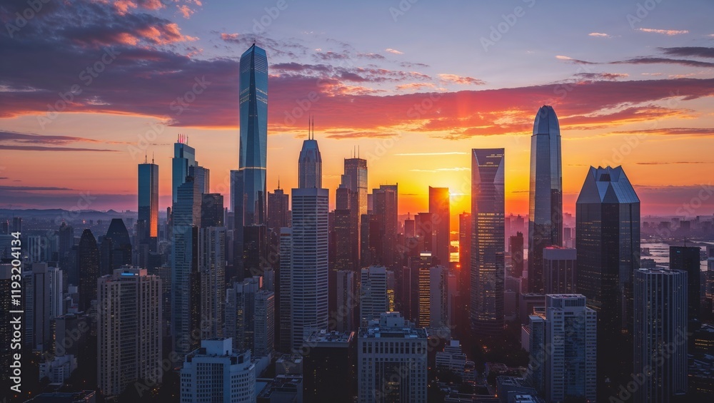 Fototapeta premium Stunning silhouettes at sunset featuring a majestic urban skyline with buildings and vibrant colors