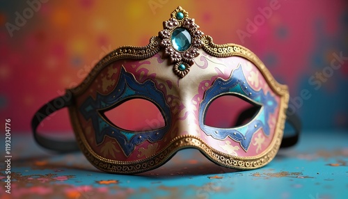 Elegant Venetian Mask with Gemstones on Colorful Background, Perfect for Carnival Themes photo