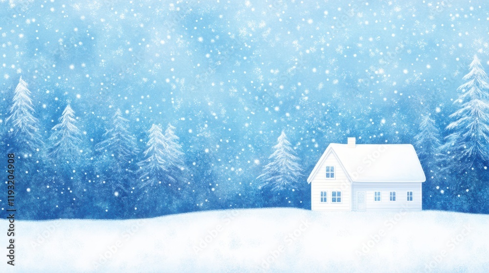 A snowy landscape with a solitary white house and pine trees under a gently falling snow A snowy landscape with a solitary white house and pine trees under a gently falling snow
