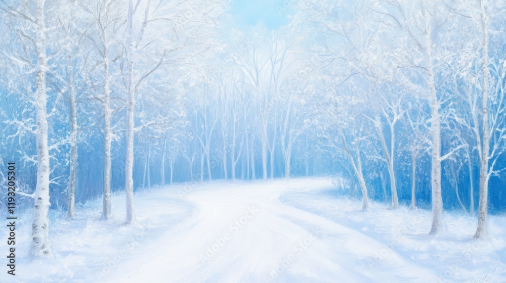 Obraz premium Snow-covered road through a frosty blue-tinted forest