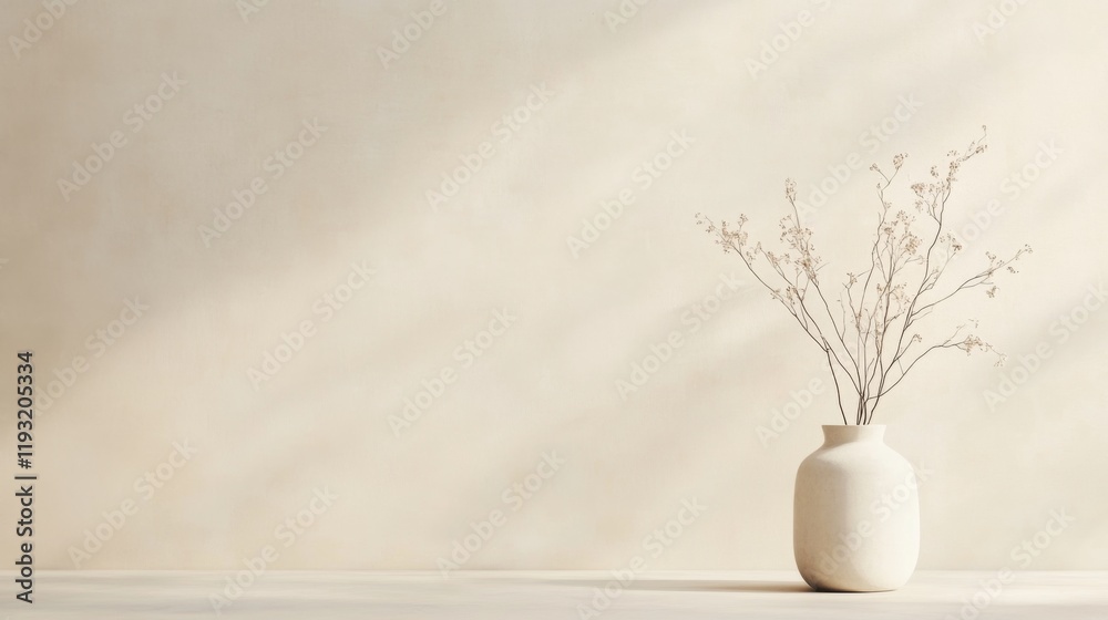 Minimalist beige wall background with dried flowers in a ceramic vase.