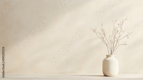Obraz na płótnie Minimalist beige wall background with dried flowers in a ceramic vase. w salonie