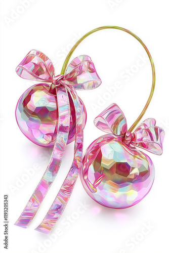 Two pink christmas baubles with iridescent bows hanging together forming a he...