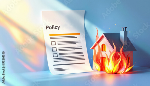 Insurance policy document next to house on fire - concept of home protection and risk photo