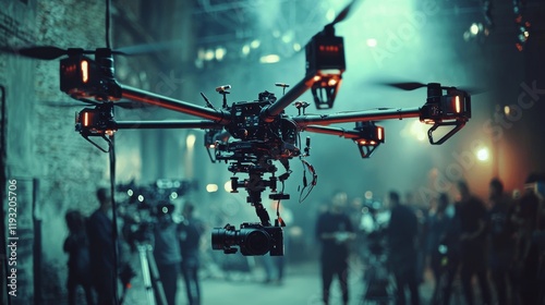 A professional drone, fitted with a camera, hovers over a vibrant cityscape, capturing remarkable aerial footage of the bustling crowd below, evoking a sense of modern technology