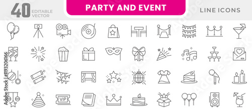 Party and Event line icon set. Birthday, dancing, happy new year,  entertainment, invitations, wedding, event, holidays,  relationship, love triangle, banquet line icon set. UI thin line icon pack