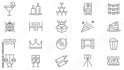 Party and Event line icon set. Birthday, dancing, happy new year,  entertainment, invitations, wedding, event, holidays,  relationship, love triangle, banquet line icon set. UI thin line icon pack