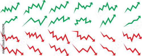 up and down market, bull and bear forex trend business chart lines with green and red arrows for business rise, fall, profit template