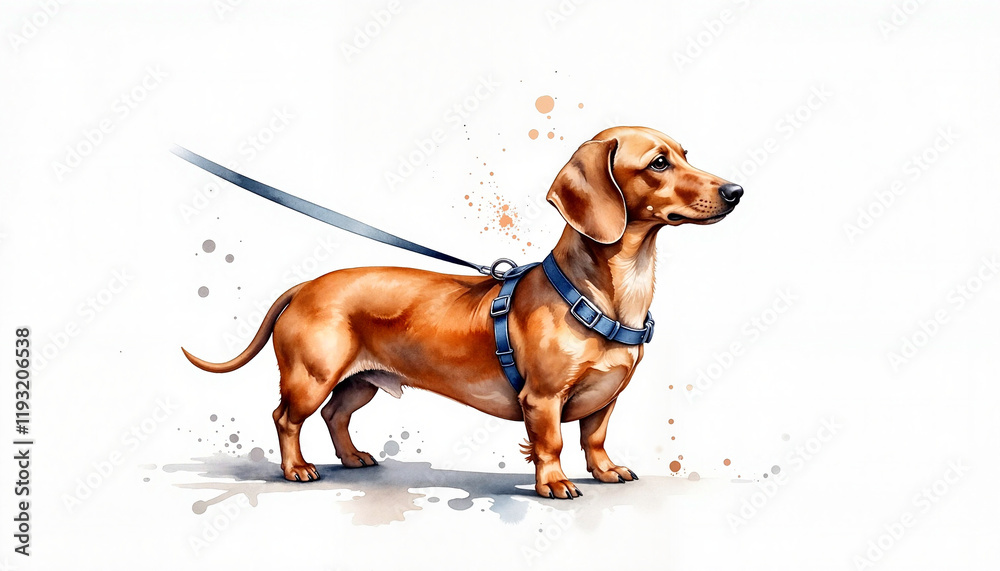 Dachshund standing proudly on a leash, playful companionship Dachshund standing proudly on a leash, playful companionship