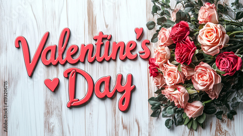 Bright and cheerful Valentine’s Day greeting card featuring elegant red text paired with a stunning bouquet of red and pink roses, set against a rustic white wooden background for a romantic touch.