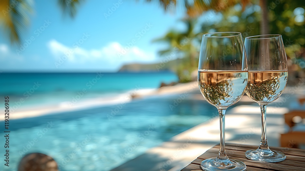 Two wine glasses by a pool overlooking a tropical beach. Two wine glasses by a pool overlooking a tropical beach.