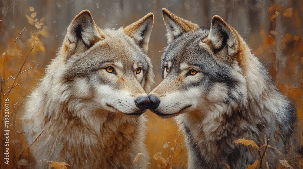 Obraz premium Two wolves nuzzling noses, autumn forest background.