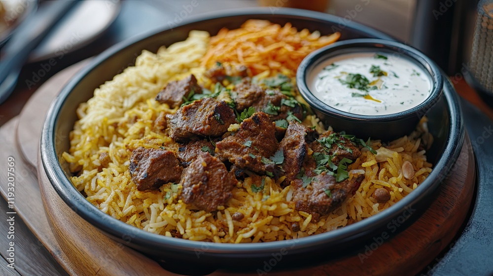Delicious beef biryani with yogurt dip, restaurant setting. Use food blog, menu. Delicious beef biryani with yogurt dip, restaurant setting. Use food blog, menu.