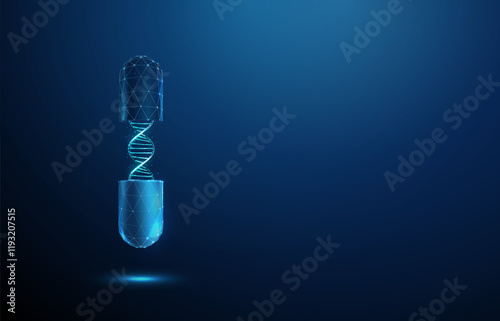 Abstract opened blue medical drug capsule with DNA helix inside. Healthcare medical pharmacy, genetic biotechnology engineering, medical therapy concept.