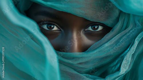 A striking and symbolic representation for the International Day to Combat Islamophobia, featuring a close-up of expressive eyes framed by a flowing turquoise veil, evoking understanding and unity.