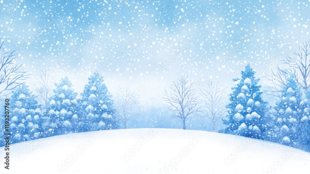 Fototapeta premium A serene snowy landscape with evergreen trees under a gentle snowfall and a soft blue sky