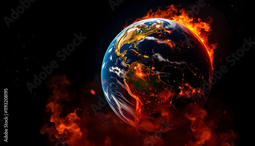 The globe is on fire, global warming, the average temperature on earth is rising in space, Side lit, with white tones