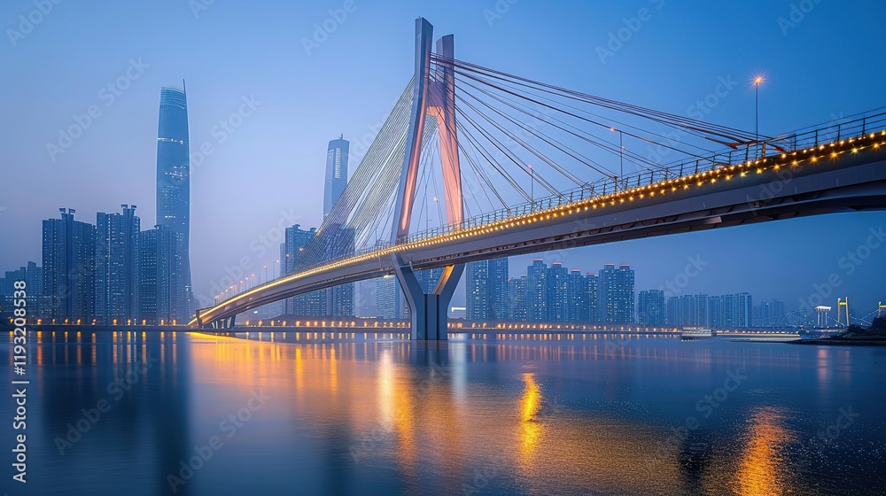 Cityscape with Bridge and Skyscrapers at Dusk Cityscape with Bridge and Skyscrapers at Dusk