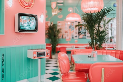 A retro-themed cafe with a VCR playing old movies on a small TV in the corner, surrounded by vintage decor