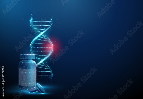 Blue DNA helix with red spot, bottle and pills. DNA damage, gene editing, genetic mutation, genetic biotechnology engineering, medical therapy concept