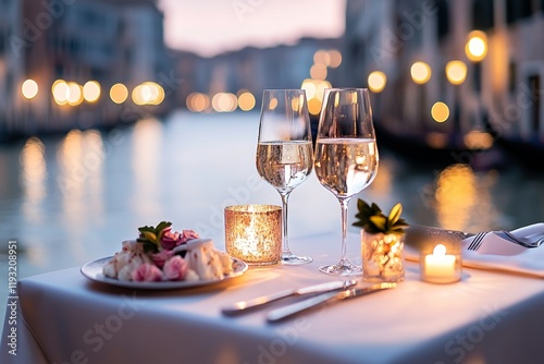 A romantic dinner setting on a terrace overlooking the Grand Canal, with candlelight and a view of historic palazzos photo