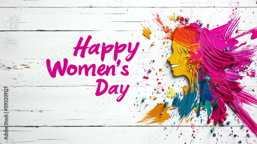 Dynamic Women’s Day greeting card with a vibrant silhouette created using bold brushstrokes of pink, yellow, and blue, complemented by modern typography on a rustic white wooden background.