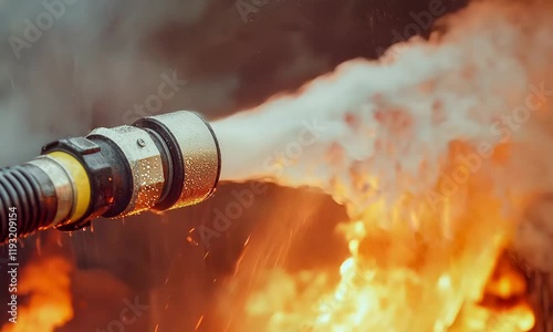 A fire hose sprays water onto flames, combating the blaze and highlighting firefighting efforts in action.