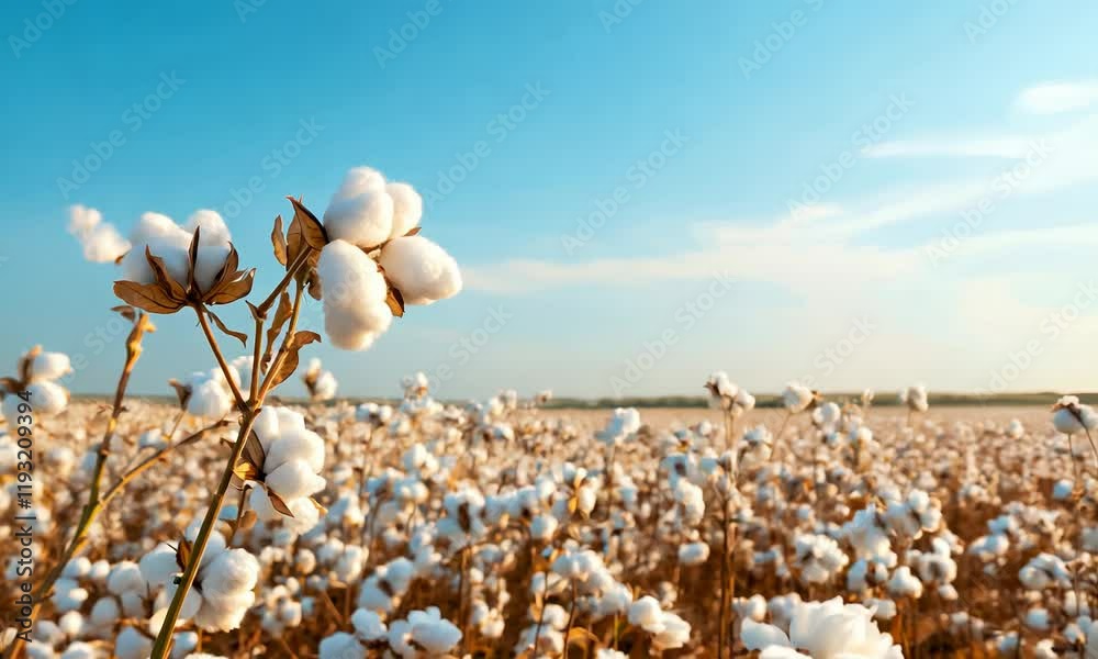 A picturesque cotton field under a clear blue sky, cotton bolls amidst a vast landscape of fluffy white fibers. A picturesque cotton field under a clear blue sky, cotton bolls amidst a vast landscape of fluffy white fibers.