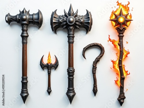 Fantasy Game Weapon Set Ornate Maces Staffs Burning Torch