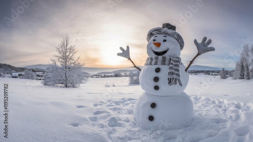 Breathtaking Panoramic Winter Scene with Snowman in Snowy Landscape