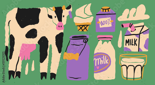 Various dairy products set. Cow, milk can, carton box, glass, bottle, ice cream, heavy whipping cream. Hand drawn Vector illustration. Isolated design elements. Healthy food, farm market concept