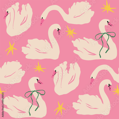 Swan Set. White birds, pink background. Different poses. Cartoon style, flat design. Hand drawn trendy Vector illustration. Square seamless Pattern, wrapping paper, wallpaper template