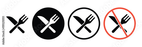 Set of Fork and knife icon collection. Dinner service collection. Plate, fork and knife symbol. Vector Illustration.