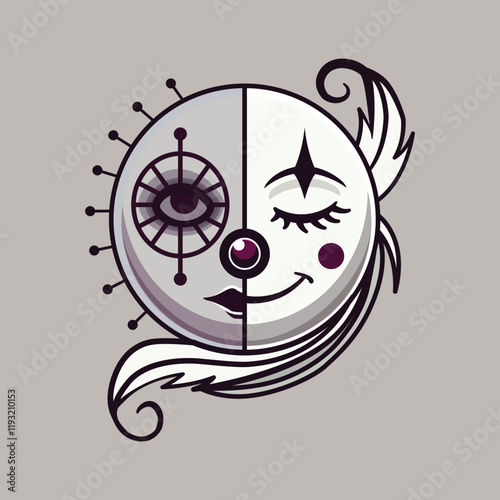 Vector Illustration of a Unique Half Moon Clown Face with Artistic Design - Ideal for Abstract, Fantasy, and Circus-Themed Art