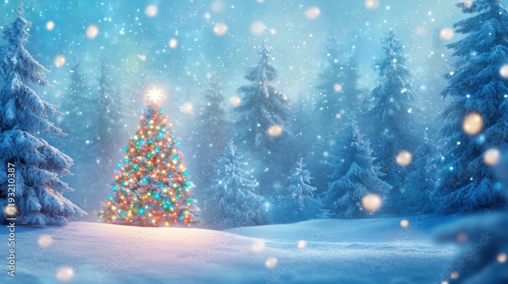 Obraz premium A festively lit Christmas tree in a snowy forest with gentle snowfall
