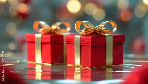 Two Red Gift Boxes with Gold Ribbons and Bows on Reflective Surface, Capturing Festive Elegance and Celebration Atmosphere with Bokeh Lights
