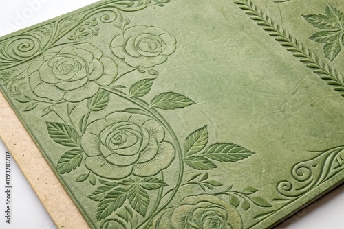 Wallpaper Mural Aged green paper with embossed floral patterns, featuring intricate details of rose petals and lush greenery, parchment, botanical, garden, pattern, vintage Torontodigital.ca