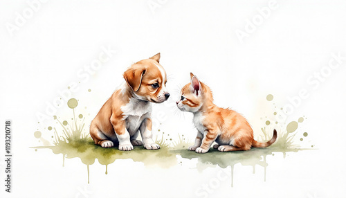 Puppy and kitten playing in the yard, joyful companionship