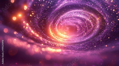 Glowing galaxy spiral effect. Spiral abstract infinity pattern created from golden and purple shiny particles. Dynamic cosmic time travel vortex motion graphics. Spiraling hypnotic astrology photo