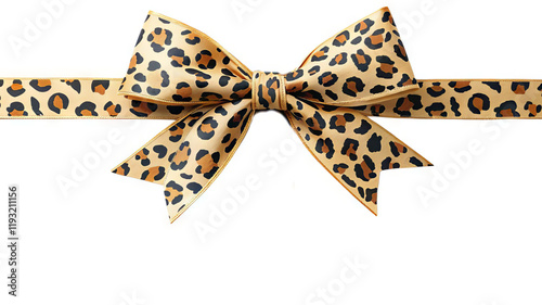 A stylish leopard print bow tied on a matching ribbon, placed diagonally on a white background, offering ample copy space for branding or text.