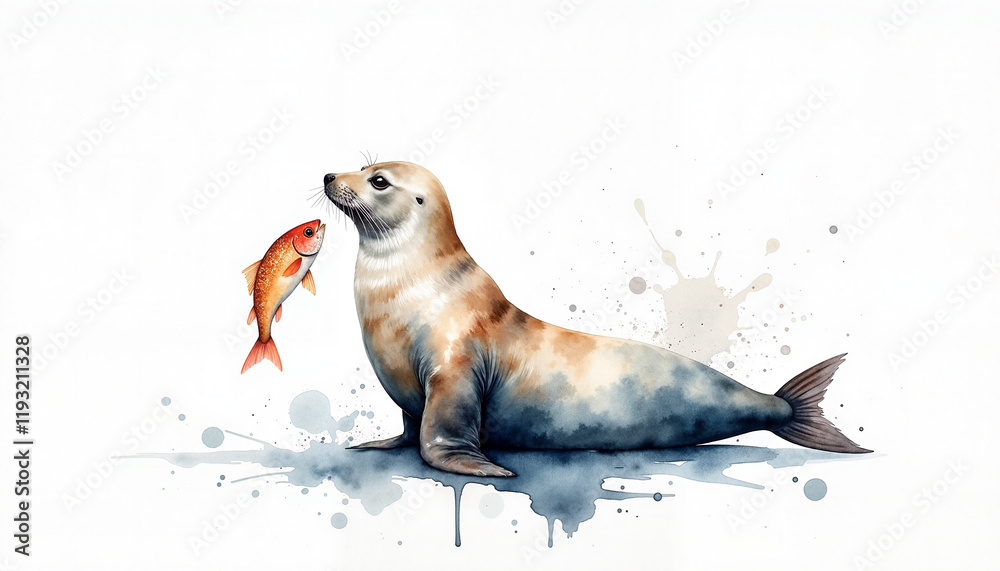 Fototapeta premium Seal holding fish in watercolor style, joyful marine life