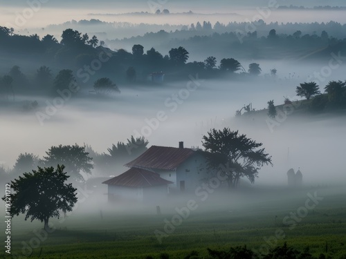Morning Fog Settling Over Scenic Village Landscape