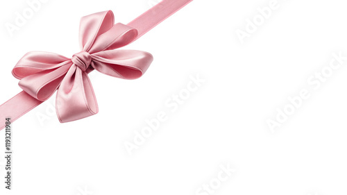 A shiny pink ribbon bow with a sleek and elegant design, positioned on a white background, offering ample copy space on the right side for text or graphics.