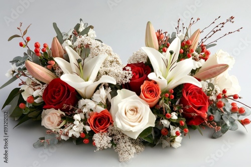 A stunning floral arrangement in the shape of a heart, featuring roses, lilies, and delicate baby's breath photo